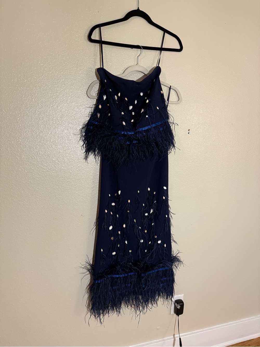 STAUD Kristin Ostrich Feather & Shell Strapless Navy Midi Set, TOP & SKIRT - Picture 7 of 11